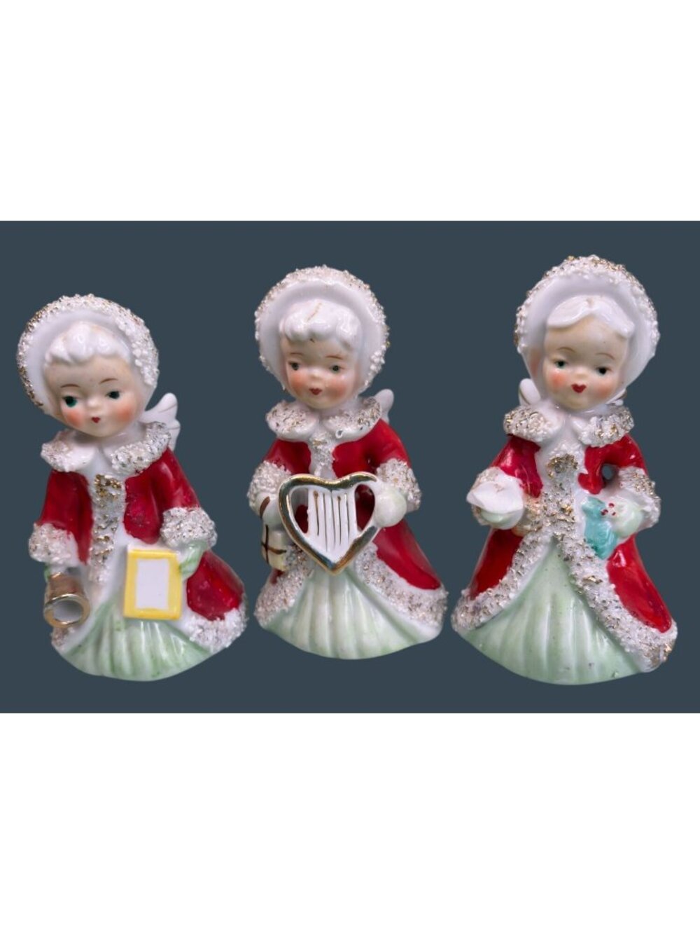 Vintage 1950s Ucagco Japan Christmas Angel Girls Set of 3 Spaghetti Trim 4.75" - Picture 2 of 14